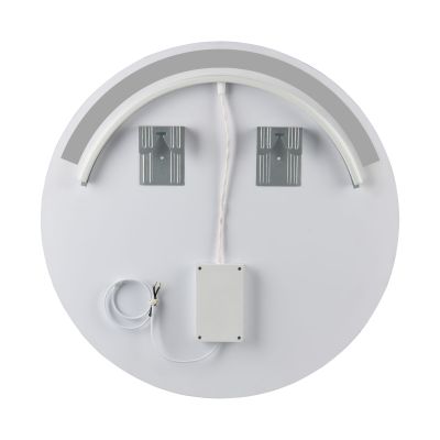 LED-Spiegel Agda, von der Rückseite mit Halterungen und Anschlussbox; Maße ca. 60 x 60 x 4 cm.