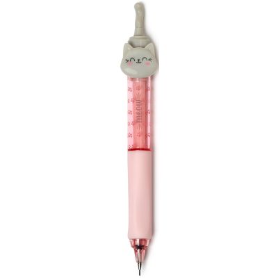 Rosa Druckbleistift mit Katzenfigur, senkrecht und vollständig auf weißem Hintergrund dargestellt.