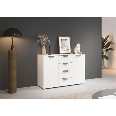 Kommode mit zwei Türen und mittigen Schubladen in einer Wohnraumszene mit Lampe Bildern und Dekoration