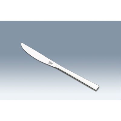 Menümesser Fusion: poliertes Fusion Menümesser aus Edelstahl diagonal auf blaugrauem Hintergrund.