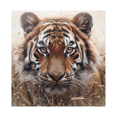 Frontansicht des Wandbilds „Hunting Tiger“ in Braun, Größe 60 × 90 cm; das vollständige Motiv ist zu sehen.