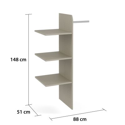 Wäscheeinteilung in naturfarbener Leinenoptik mit drei Fachböden und seitlicher Metallstange, daneben Maßangaben 148 cm Höhe, 88 cm Breite und 51 cm Tiefe