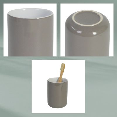 Collage mit Becheröffnung Unterseite Zahnbürste im Becher und glatter Außenfläche