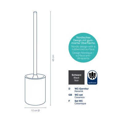Informationsgrafik mit schwarzer WC-Bürste im runden Halter und ergänzenden Symbolen zu den Produkteigenschaften