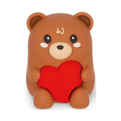 Brauner Leuchtstift mit Teddybär-Spitzerbehälter, als Tierfigur mit integriertem Stift- und Spitzerbehälter frontal dargestellt.