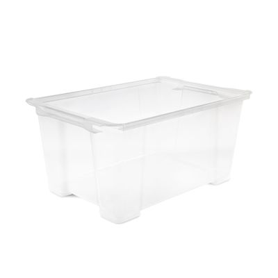 Transparente rechteckige Aufbewahrungsbox aus Kunststoff mit integrierten Rollen
