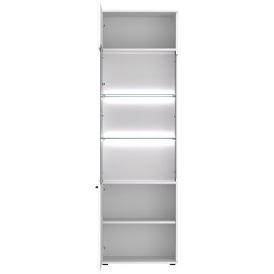 Geöffnete Vitrine Rion in Weiß mit LED-beleuchteten Glasböden, Glastür und zusätzlichen Stauraumfächern für Dekoration oder Geschirr