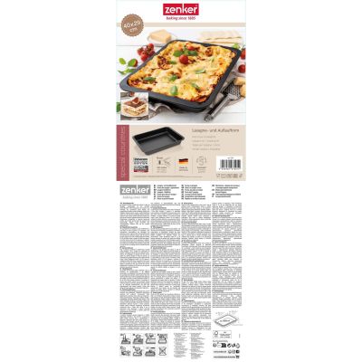 Verpackung einer Auflaufform mit Produktbeschreibung, Maßen und Anwendungshinweisen