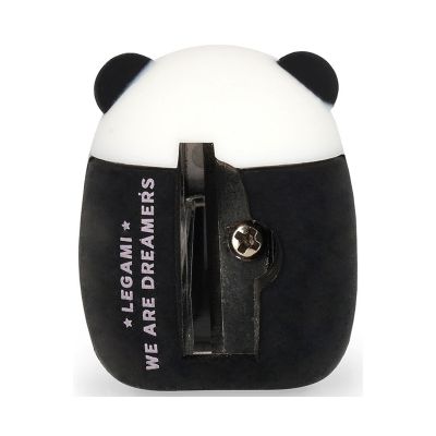 Schwarz-weißer Anspitzer im Panda-Design, von hinten mit sichtbarer Metallklinge und Schraube gezeigt.