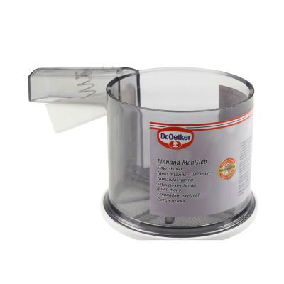 Mehlsieb von Dr Oetker mit Etikett und integrierter Siebmechanik