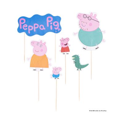 Set aus Peppa Pig Kuchentoppern mit Figuren und Logo auf Holzstäben