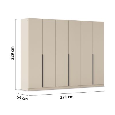 Champagnerfarbener 6-türiger Kleiderschrank mit Maßangaben Breite 271 cm, Höhe 229 cm und Tiefe 54 cm