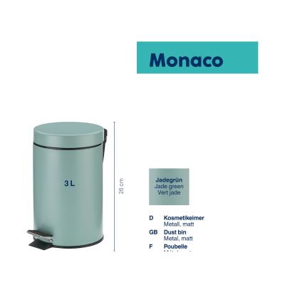 Produktdarstellung des jadegrünen Kosmetikeimers der Serie Monaco mit Maßangaben und ergänzenden Hinweisen zu Material und Eigenschaften