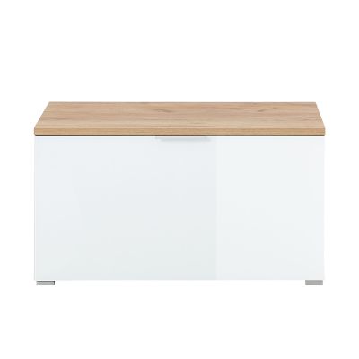 Sitzbank mit weißer Front und Holzplatte frontal aufgenommen