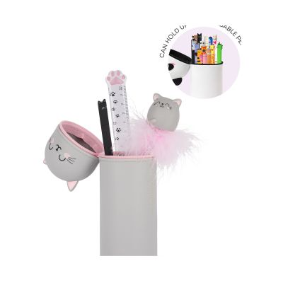 Graues 2-in-1-Silikon-Federmäppchen im Katzen-Design, teilweise geöffnet mit eingeblendeter Darstellung der verstellbaren Höhe gezeigt.
