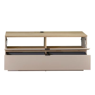 Das Lowboard ist mit geöffneter Frontklappe zu sehen; innen befinden sich zwei offene Fächer sowie ein großer Schubkasten im unteren Bereich.