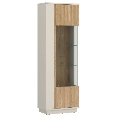 Moderne Vitrine in Kaschmir und Eiche mit Glastür, Glasböden und dekorativem Stauraum für Wohn- und Esszimmer