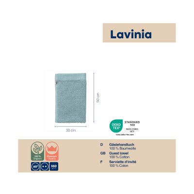 Produktdarstellung des frostblauen Gästetuchs der Serie Lavinio mit Angaben zu Material und Eigenschaften