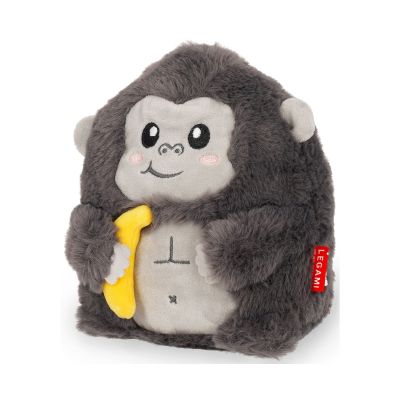 Graues Gorilla-Plüschtier mit gelber Banane, leicht seitlich auf weißem Hintergrund gezeigt.