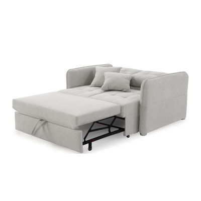 Hellgraues Schlafsofa mit ausgezogener Liegefläche und integrierter Bettfunktion für Gästezimmer oder Wohnzimmer