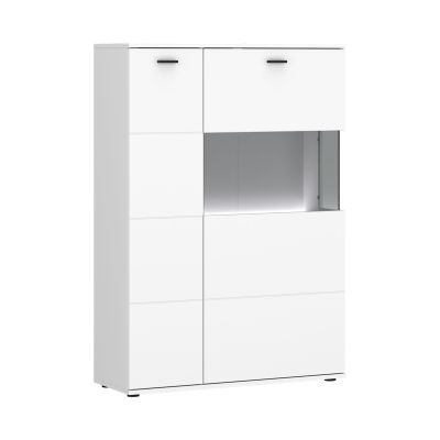 Modernes Highboard in Weiß mit Glasfach, integrierter LED-Beleuchtung und viel Stauraum für Wohn- und Esszimmer