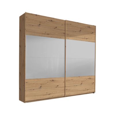 Schwebetürenschrank in Eiche Artisan mit Front in Seidengrau, in Schrägansicht dargestellt.