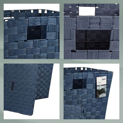 Collage mit Detailansichten von blauer Wäschebox Grifföffnung Deckel Flechtstruktur und Innenansicht