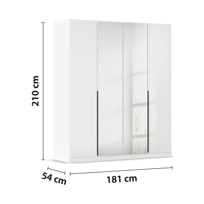 Drehtürenschrank in Weiß Hochglanz mit vier Türen und Spiegeltür inklusive Maßangaben 181 cm Breite, 210 cm Höhe und 54 cm Tiefe