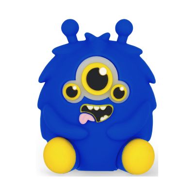 Blauer Leuchtstift mit Monster-Spitzerbehälter, als Tierfigur mit integriertem Stift- und Spitzerbehälter frontal dargestellt.