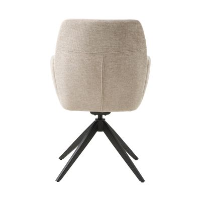 Moderner Stuhl mit Stoffbezug in Beige, schwarze Metallbeine, von hinten aufgenommen