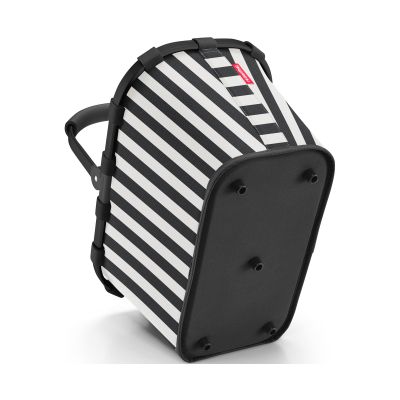 Carrybag Summerstripes Black in schräger Seitenansicht mit stabilem schwarzem Boden und schwarz-weiß gestreiften Seiten