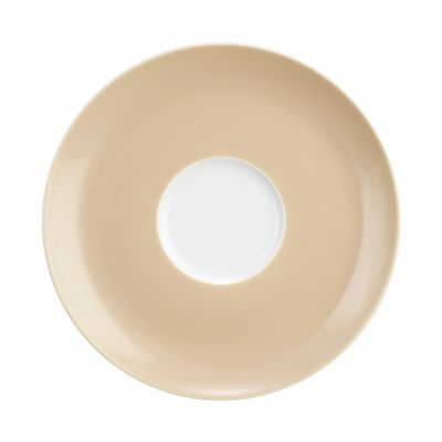 Untertasse in Beige und Weiß. Darstellung: Draufsicht. Merkmale: runder beiger Rand mit weißer Tassenfläche.