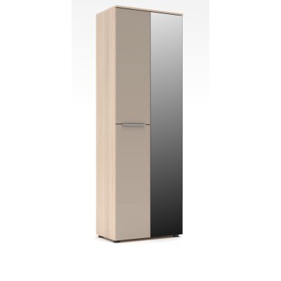 Hoher, schmaler Garderobenschrank in hellem Holzton mit zwei Fronten: links eine beige Tür mit Griff, rechts eine durchgehende Spiegelfront. Schrank frontal freigestellt vor weißem Hintergrund.