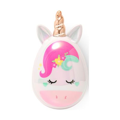 Eiförmige Entwirrbürste im Einhorn-Design, geschlossen mit Einhorngesicht und Horn frontal dargestellt.
