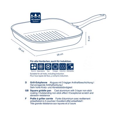 Technische Übersicht der quadratischen Grillpfanne mit Stielgriff sowie Angaben zu Abmessungen und Verwendung