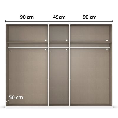 Innenansicht eines 5-türigen Kleiderschranks mit drei Fächern, Einlegeböden und Kleiderstangen, mittleres Fach 45 cm breit