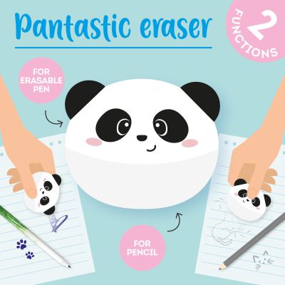 Runder 2-in-1-Radierer im Panda-Design, in einer Grafik mit den zwei getrennt nutzbaren Radierflächen gezeigt.