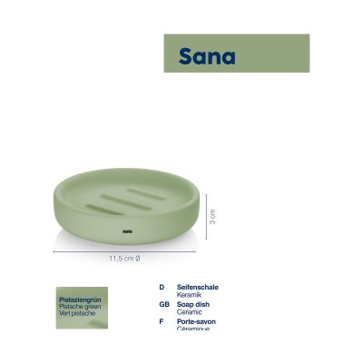 Informationsgrafik mit pistaziengrüner Seifenschale Sano und ergänzenden Angaben zu den Produkteigenschaften
