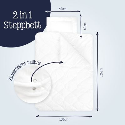Grafische Darstellung der Steppdecke und des Kissens mit Maßen 100 × 135 Zentimeter und 40 × 60 Zentimeter sowie Hinweis auf teilbare Funktionen durch Druckknöpfe