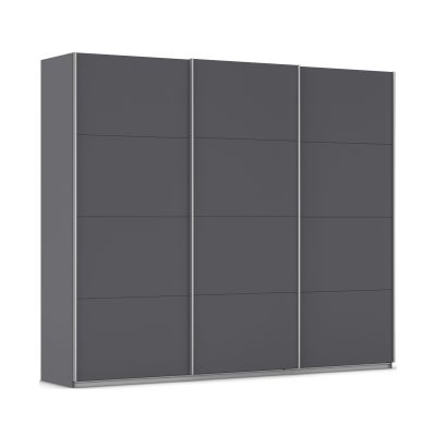 Grau-Metallicer Schwebetürenschrank mit drei großen Schiebetüren und minimalistischer Optik auf hellem Hintergrund