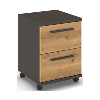 Rollcontainer mit Korpus in Graphit, Front in Asteiche und 2 Schubkästen, in Schrägansicht dargestellt.