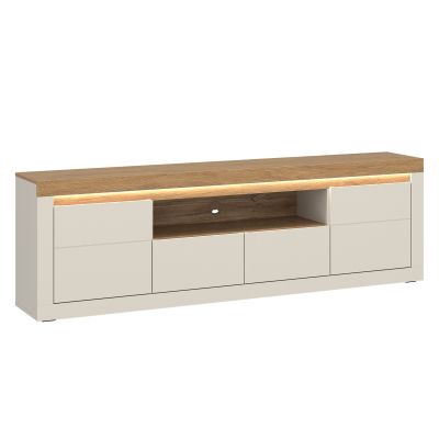 Modernes TV-Lowboard mit weißen Fronten, Eiche Dekor, offenem Medienfach und integrierter LED-Beleuchtung