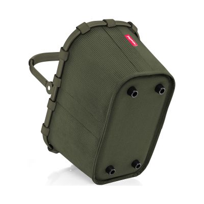 Kleiner Einkaufskorb von Reisenthel, Modell Carrybag XS, in Dunkelgrün aus geripptem Cord, schräg von unten mit vier schwarzen Standfüßen.