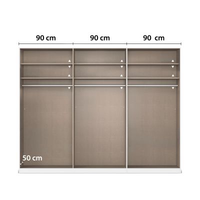 Innenansicht eines 6-türigen Kleiderschranks mit drei großen Fächern, Kleiderstangen und Einlegeböden je 90 cm breit