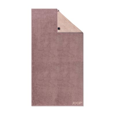 Roséfarbener JOOP! Doubleface Duschtuch, 80 × 150 cm, flach dargestellt mit umgeschlagener Ecke, kontrastierender Rückseite und JOOP!-Schriftzug am unteren Rand.