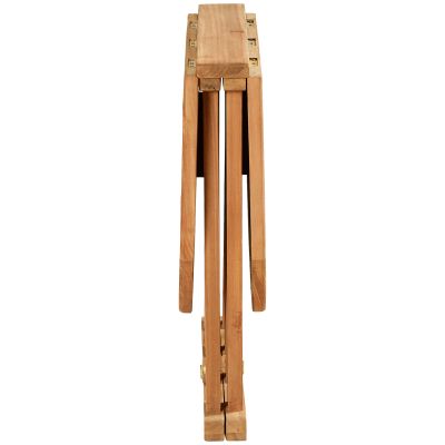seitliche Ansicht eines zusammengeklappten runden Holztischs aus Holz
