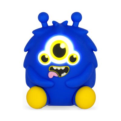 Blauer Leuchtstift mit Monster-Spitzerbehälter, von hinten mit transparentem Auffangbehälter gezeigt.