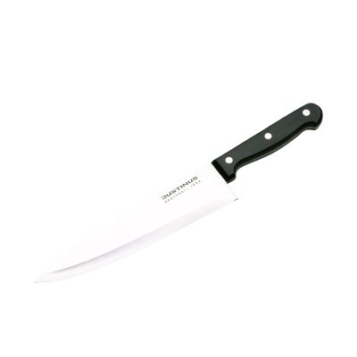 Kochmesser, mittel 8" Küchenchef: Kochmesser mit breiter heller Klinge und schwarzem dreifach vernietetem Griff, diagonal freigestellt.
