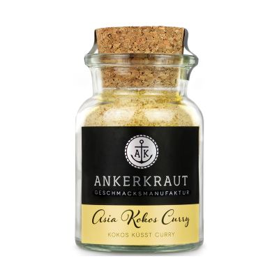 Asia Kokos Curry von Ankerkraut in einem Glas mit Korkverschluss; der hellgelbe Gewürzinhalt ist durch das Glas zu sehen.