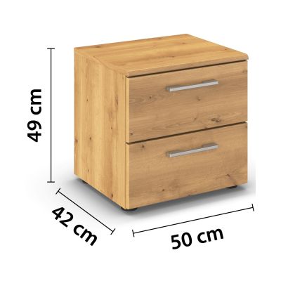 Nachttisch in Eicheoptik mit eingezeichneten Maßen Höhe 49 cm, Breite 50 cm, Tiefe 42 cm
